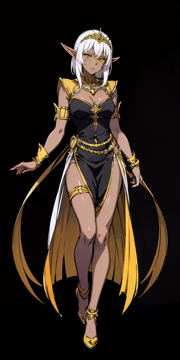 ((black background)) 1 solo dark elf pirotess black skin white hair, fullbody, yellow eyes, tiara, golden bracers, heart shape necklace