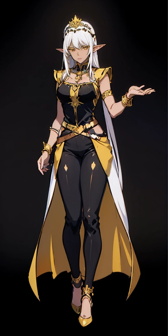 ((black background)) 1 solo dark elf pirotess black skin white hair, fullbody, yellow eyes, tiara, golden bracers, heart shape necklace