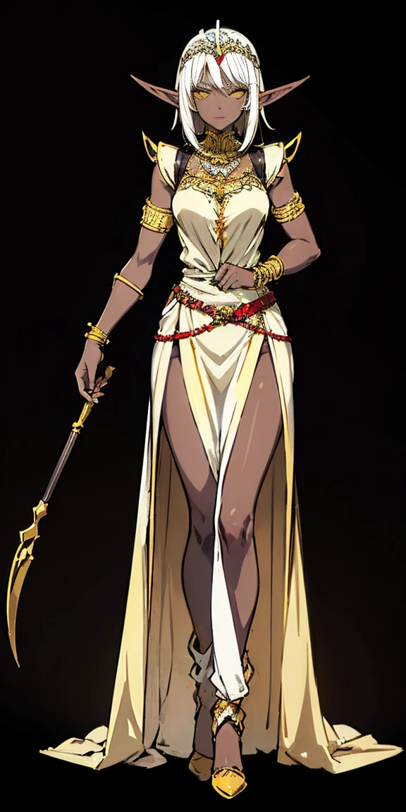 ((black background)) 1 solo dark elf pirotess black skin white hair, fullbody, yellow eyes, tiara, golden bracers, heart shape necklace