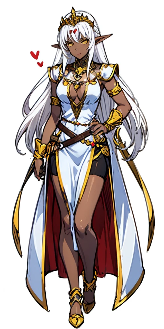 ((white background)) 1 solo dark elf pirotess black skin white hair, fullbody, yellow eyes, tiara, golden bracers, heart shape necklace