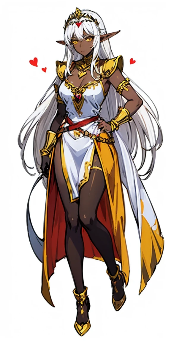 ((white background)) 1 solo dark elf pirotess black skin white hair, fullbody, yellow eyes, tiara, golden bracers, heart shape necklace