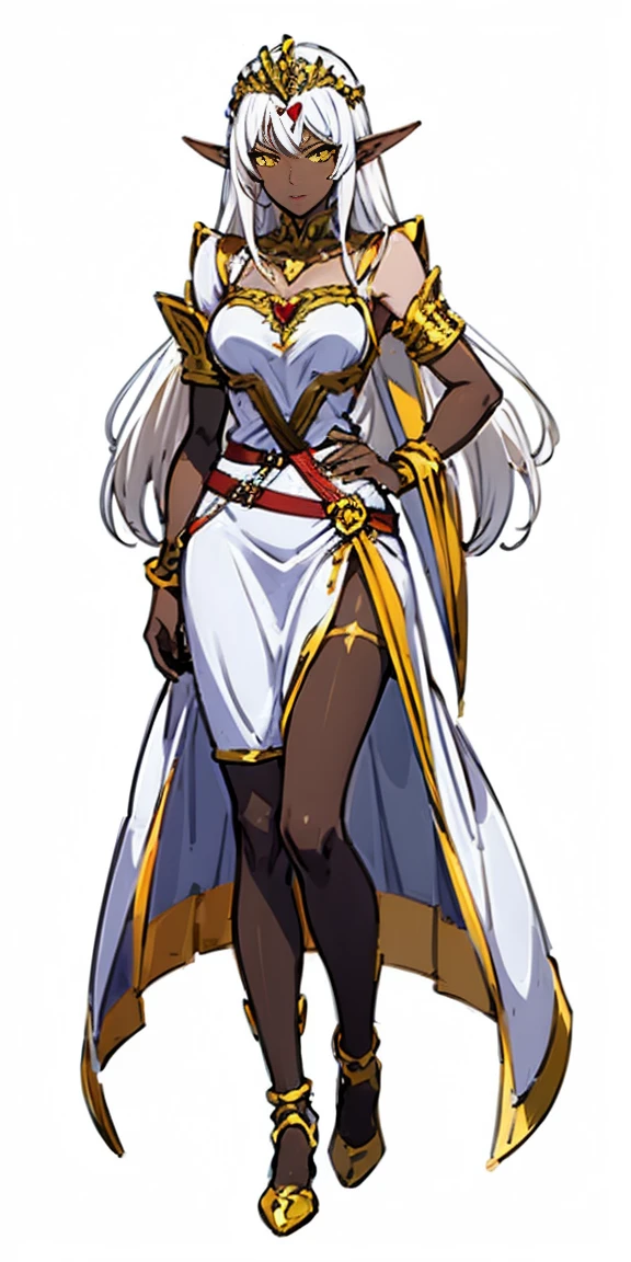 ((white background)) 1 solo dark elf pirotess black skin white hair, fullbody, yellow eyes, tiara, golden bracers, heart shape necklace