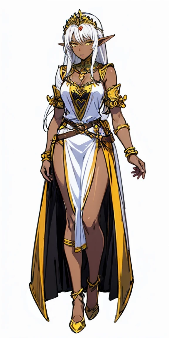 ((white background)) 1 solo dark elf pirotess black skin white hair, fullbody, yellow eyes, tiara, golden bracers, heart shape necklace