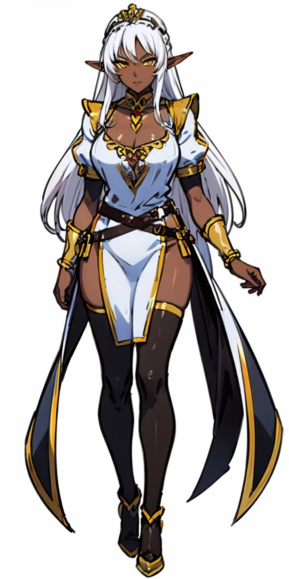 ((white background)) 1 solo dark elf pirotess black skin white hair, fullbody, yellow eyes, tiara, golden bracers, heart shape necklace