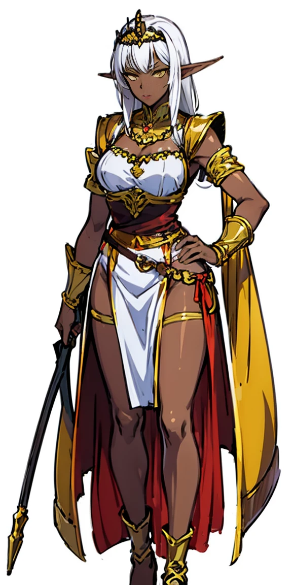 ((white background)) 1 solo dark elf pirotess black skin white hair, fullbody, yellow eyes, tiara, golden bracers, heart shape necklace