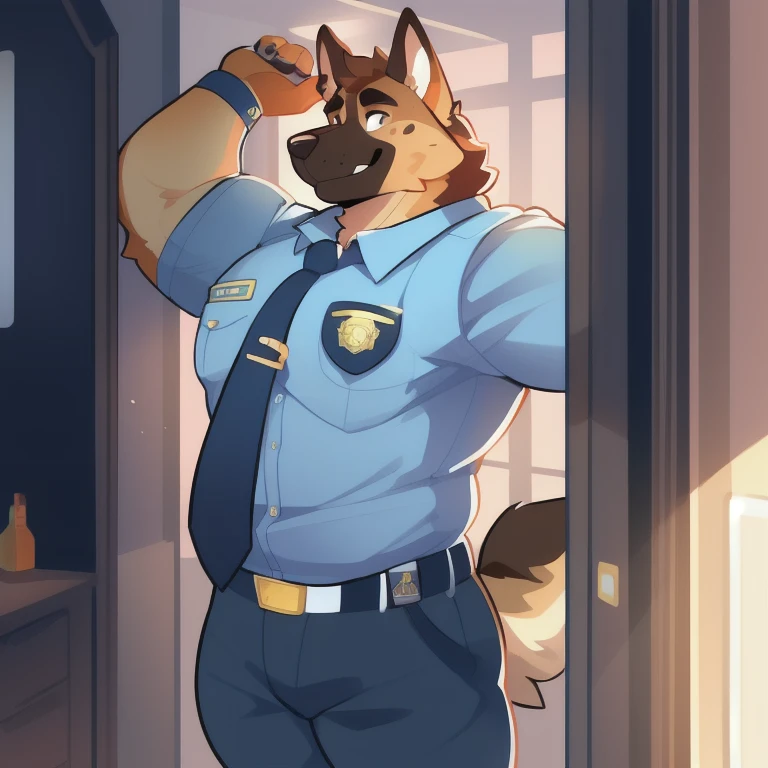 Solo, male, muscular, buff, canine, by bigcozyorca, German shepherd, German shepherd dog, police officer, hot, necktie, extra weight, fursona, cool guy