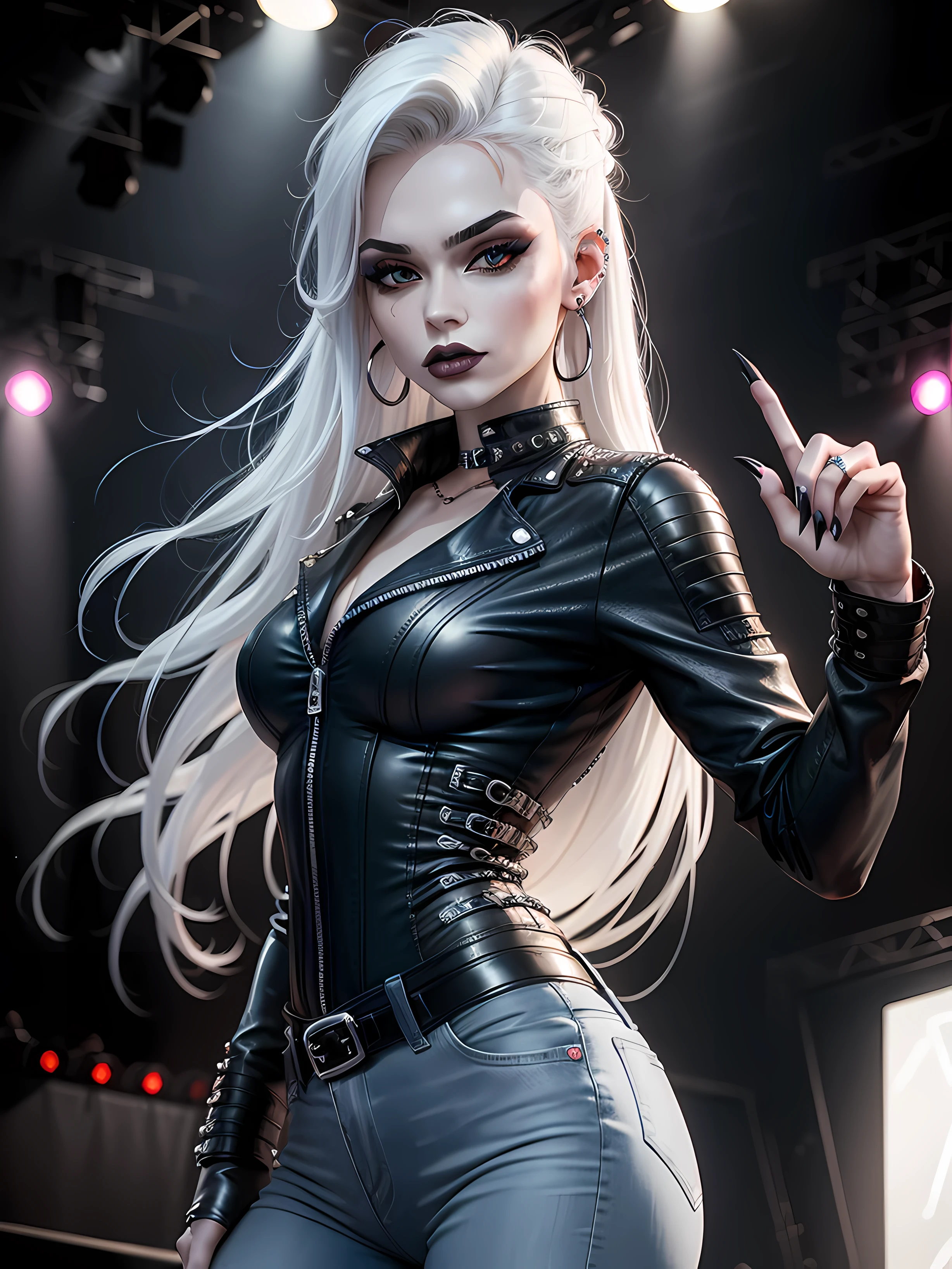 Rock, on stage, Super vibrant music lights, female, 1girl, solo, human, Caucasian  woman, woman, ((pale skin, red eyes)), (straight hair, long hair, white hair. Flowing hair), black lipstick, black eye shadow, make-up, beautiful, black fingernails, piercings, pierced ears, ((wearing black leather jacket, white shirt, blue jeans))