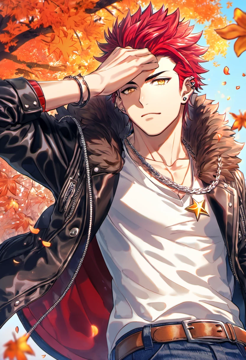 Ultra detailed, highres, absurdres, HDR, Suoh Mikoto, golden eyes, K, 1 man only, handsome, autumn, flowers and petals, orange leaves, red hair is kept short and ruffled and spiked with two strands of hair near the opposite sides of his head falling over his face as well as distinct sideburns, He wears a black leather jacket with a fur collar and a white V-neck underneath, He wears dark blue denim jeans held up by a simple brown belt with a silver chain attached from the belt, a star-shaped necklace, he also has a piercing in his left ear,