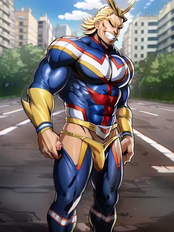 (solo:1.2),1boy, allmight, antenna hair, smile, day, streets, beautiful background, people in the streets, bokeh,
professional, sharp, natural lighting, (masterpiece:1.2), realistic, extremely detailed, intricate details, absurdres, 4k, 8k, hdr, highres, anime, manga, (bulge in sexy thong lingerie:1.2), bra, lace, see through,