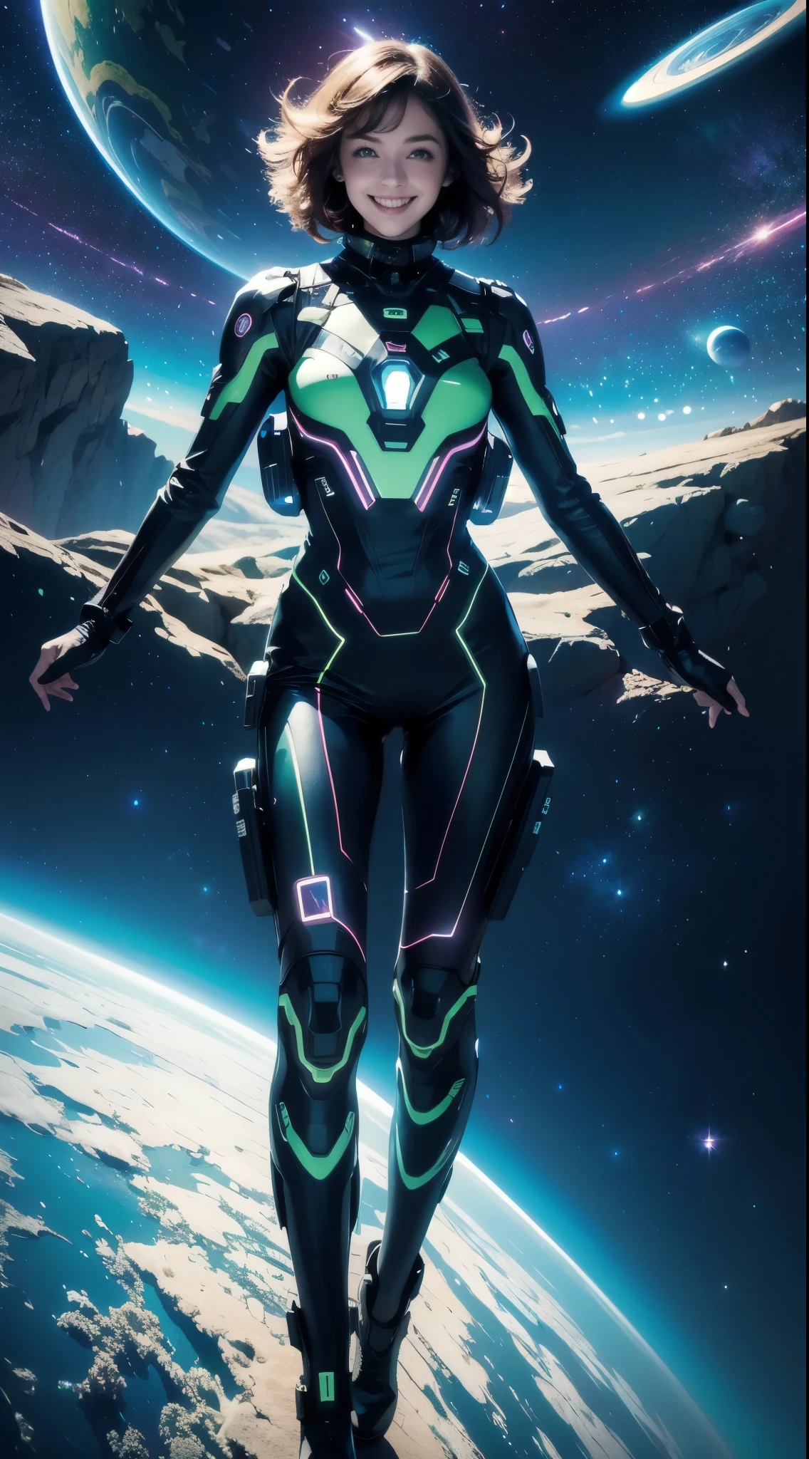 woman exploring planets, big happy smile, green eyes, full body, happy, neon visor on face, alien worlds, exotic locations, deep space, neon lights, particle sparkles, unknown terrors, galactic, nebula, stars, Portrait. Earth escape, space ships passing, vibrant 8k cinematic colors