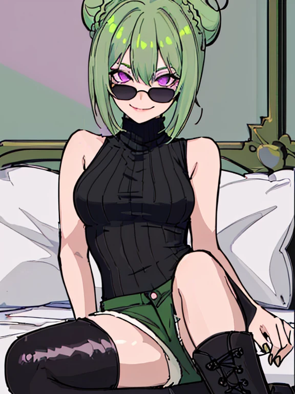 (highres), (best quality), (detailed) 1 girl, alone, medium hair, pastel green hair, twin buns, villain smile, violet eyes, round black sunglasses on head, bedroom, black sleeveless turtleneck top, green shorts, dark brown boots, sitting on bed, hands on face