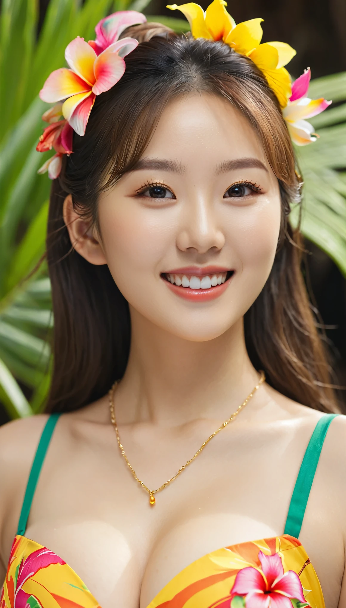 close-up, of beautiful korean female, wearing crop top , 34 inch breast sizes, slightly smile, wearing hawaii girl costume, background, UHD