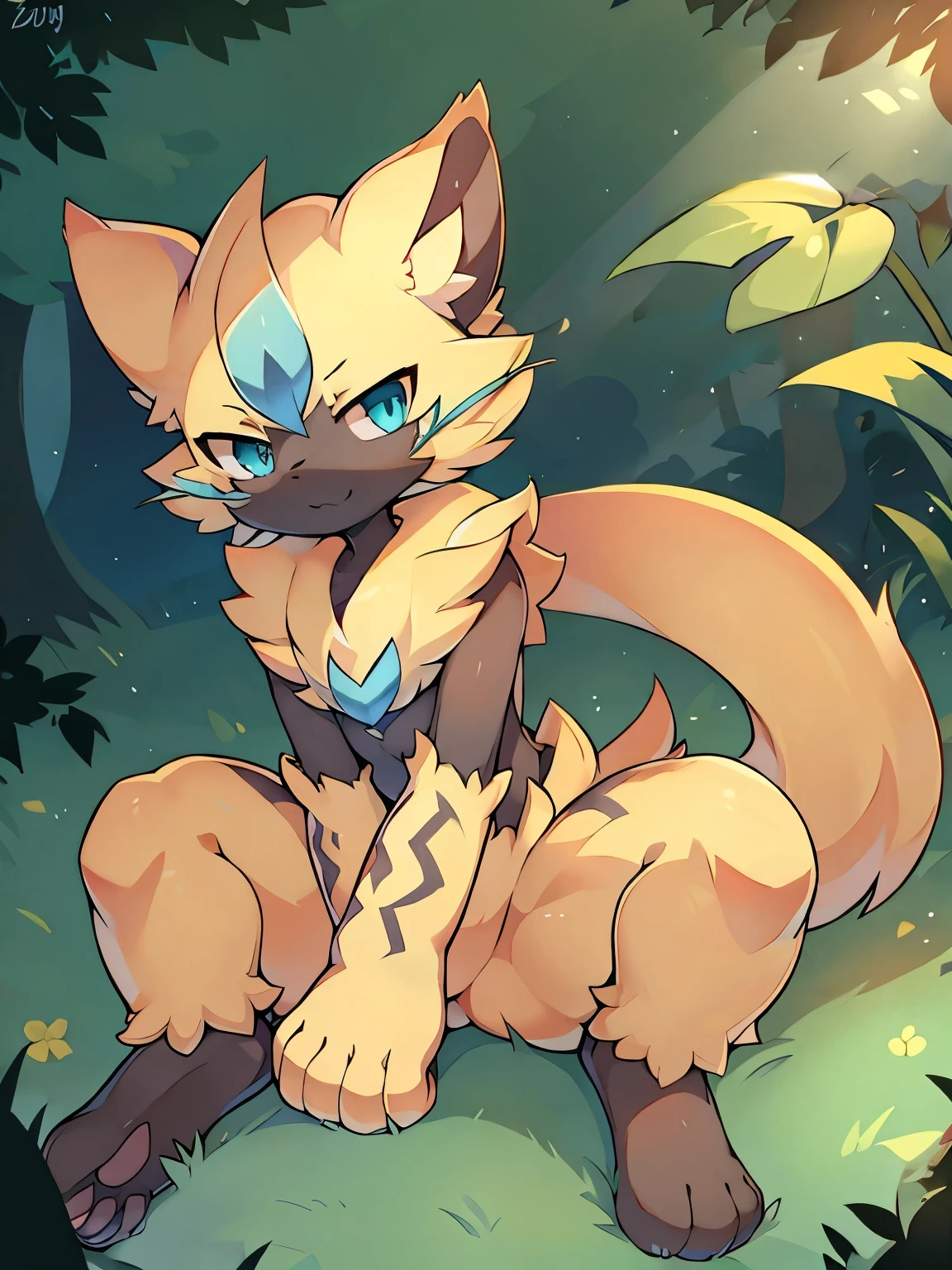 Zeraora, Pokémon, solo, by fumiko, by hyattlen, female, naked, outdoors, cute, hiding in bushes