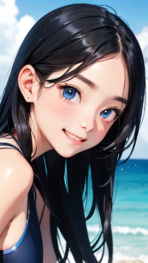 highest quality、realistic、Japanese、girl、zoom、look up、cute、blue eyes、long hair、black hair、all back、Forehead is coming out、Ocean、light blue swimsuit、joy、Grinning、face close up