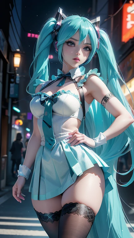 (La best quality,high resolution,Super detailed,actual),Grande Ariana, chica anime role play, anime role play, (Hatsune Mikurole play:1.4) , foto de role play, two white tails_Gloves, role play, Cute anime waifu wearing beautiful clothes, anime long hair girl, anime goddess, role play elegante y glamoroso, Anime girl dressed as maid more detail 8K.Unreal Engine:1.4,HD,La best quality:1.4, lifelike:1.4, Texture:1.4, masterpiece:1.8,masterpiece, best quality,object object], (Detailed facial features:1.3),(correct proportions)(facial details: 1.5, bright blue eyes, pretty face, beautiful eyes, Iris Outline, thin lips: 1.5, thin, sharp pale eyebrows, long, Dark eyelashes, Double label),,  (Cowboy pose), ,( Cyberpunk 2.1), (kawaii locker room :1.4), perfect hands: 1.5, (perfect ???????), (Tokyo night alley background:1.4) beautiful breasts、huge breasts:1.4