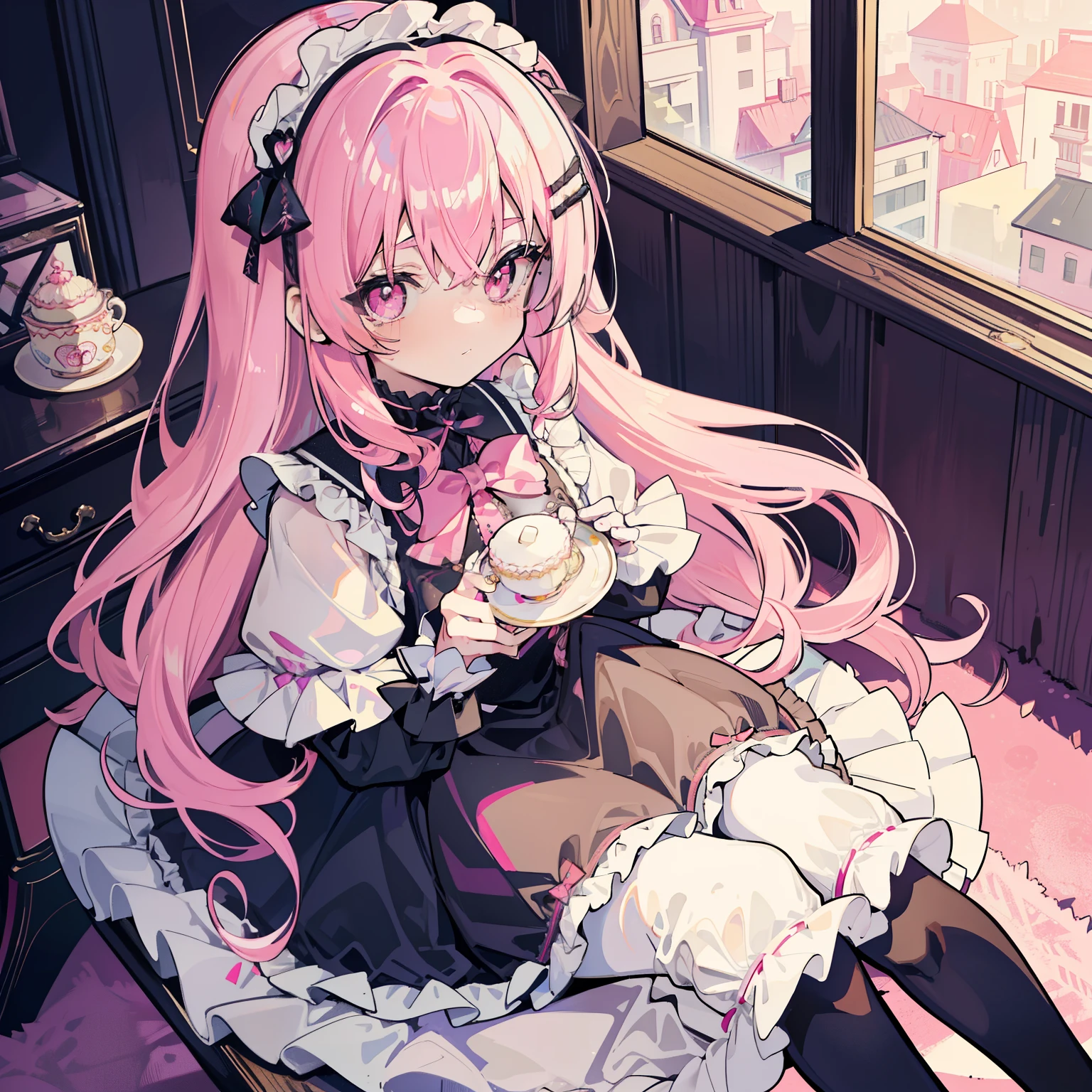 table top,very detailed,1 girl,alone,pink hair、wavy hair、long hair,pink eyes,,sunglasses,black socks,sit at desk、Pink motif、lolita、Fine writing、Lots of small ribbons、No expression、Burikko、incredibly cute、Black and pink hair、view from above、Girl Like a Doll、goth  dress、bulging dress、pannier、black and pink dress、lolitaドレス、extreme details, lolita, lolita fashion, frills, complex and gorgeous, gloves, Afternoon tea, lace hair ornament, curly hair, Macaron, cream, colorful