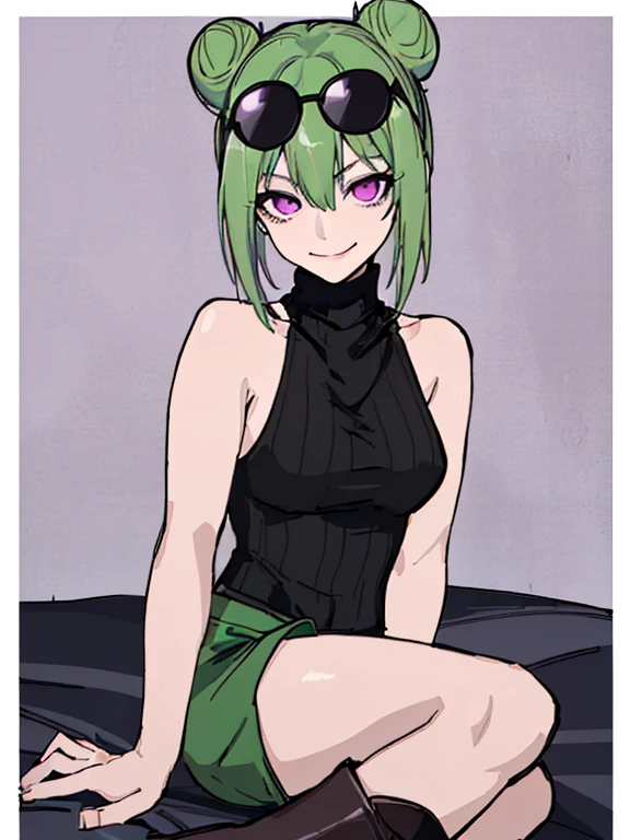 (highres), (best quality), (detailed) 1 girl, alone, medium hair, pastel green hair, twin buns, villain smile, violet eyes, round black sunglasses on head, bedroom, black sleeveless turtleneck top, green shorts, dark brown boots, sitting on bed, hands on face