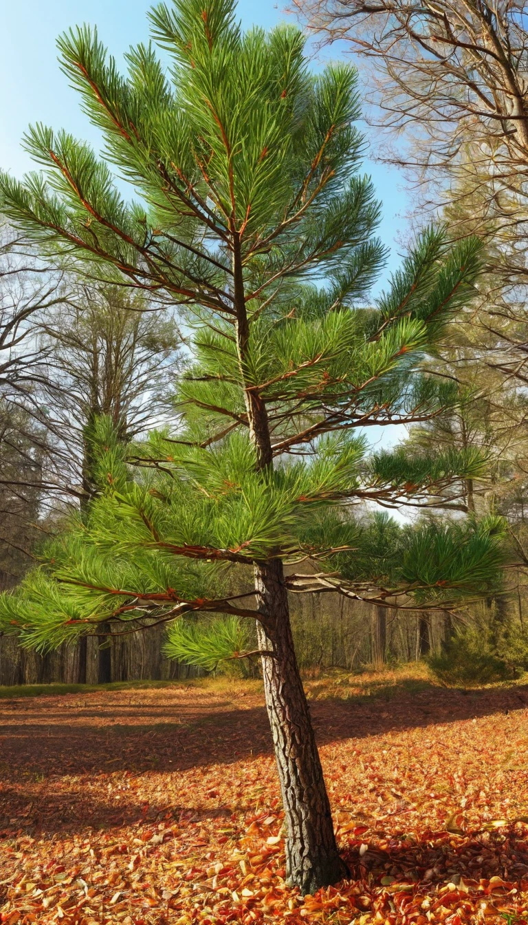 Animated image of an adult pine tree that has well-detailed branches, an old and robust stem and finally its fallen leaves in the spring season 