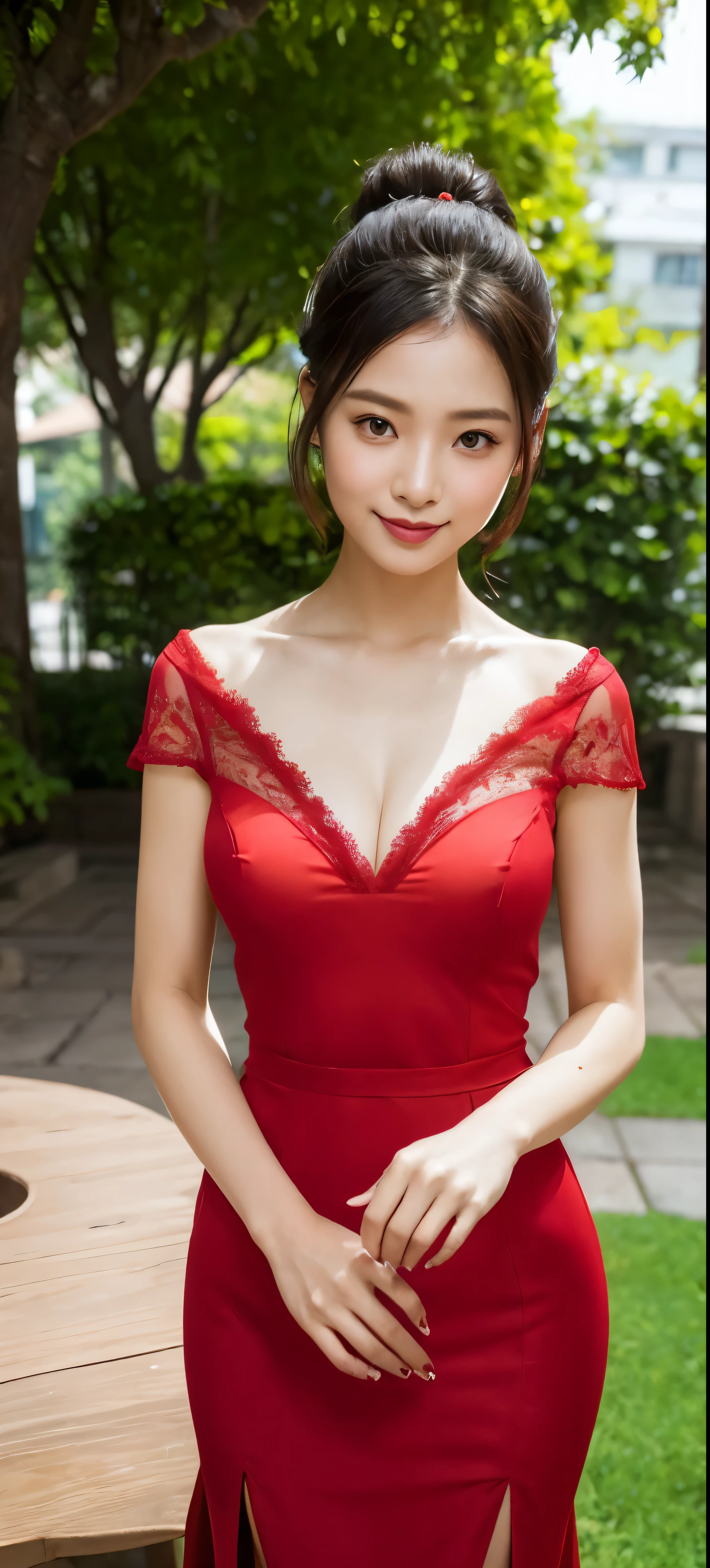 1girl,baiyi,large breasts,red lips,smile,ponytail,realistic, 1 girl, indonesian girl, 23 years old, (black hair super-long 1 meters), (very beautiful face, very sweet, sharp eyes like an angel from heaven ), (beautiful hair), actress, smile, shiny skin, best quality, masterpiece, (photorealistic:1.4), terrace seating, asian, indonesian, jakarta, denim long skirt (realistic fabric), white short sleeves (cotton fabric), (no logo), thin fingers, a woman in a red dress posing for a picture in a courtyard, a picture by Emma Andijewska, tumblr, tachisme, sexy gown, opened dress, wearing an elegant dress, fantasy long intricate gown, sexy dress, dressed beautiful gown, red gown, wearing a magnificent dress, dressed in red lace, translucent dress, extravagant dress, see through dress