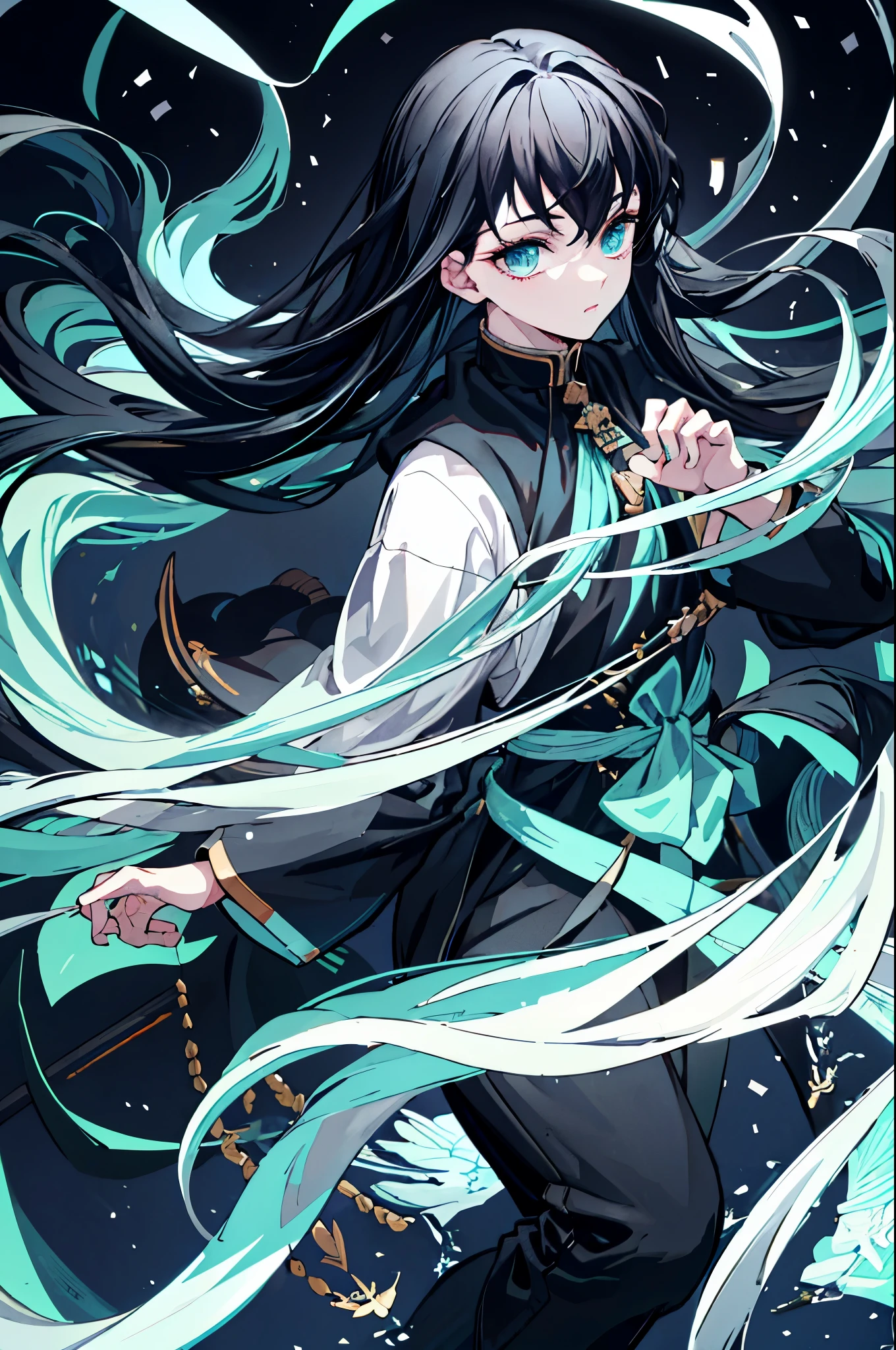 highest quality、highest quality、Super detailed、perfect face、very detailed、perfect human body、very delicate and detailed、1 boy、long black hair、hair is down to the waist、The ends of the hair are mint green、light blue eyes、Wearing a big black hoodie、black pants、night、detailed background