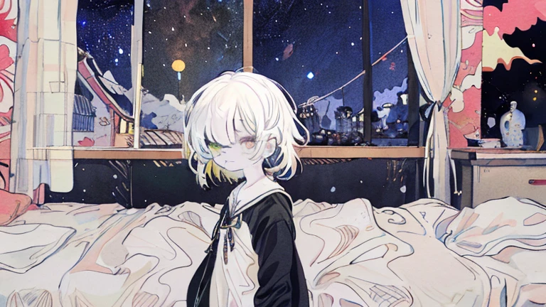 #quality(8k,wallpaper of extremely detailed CG unit, masterpiece, hight resolution, top-quality, top-quality real texture skin,hyper realisitic, digitial painting,increase the resolution,RAW photos,best qualtiy,highly detailed,the wallpaper), solo,#1girl(cute, kawaii,small kid,hair floating,white hair,hair shining brightly,curly hair,long hair,messy hair,eye color cosmic,big eyes,pale skin,breast,detailed face,awful face,simple white dress,watching outside the window,in bed,from above from side),#background(hospital room,big window,from above,you can see galaxy from window),nsfw