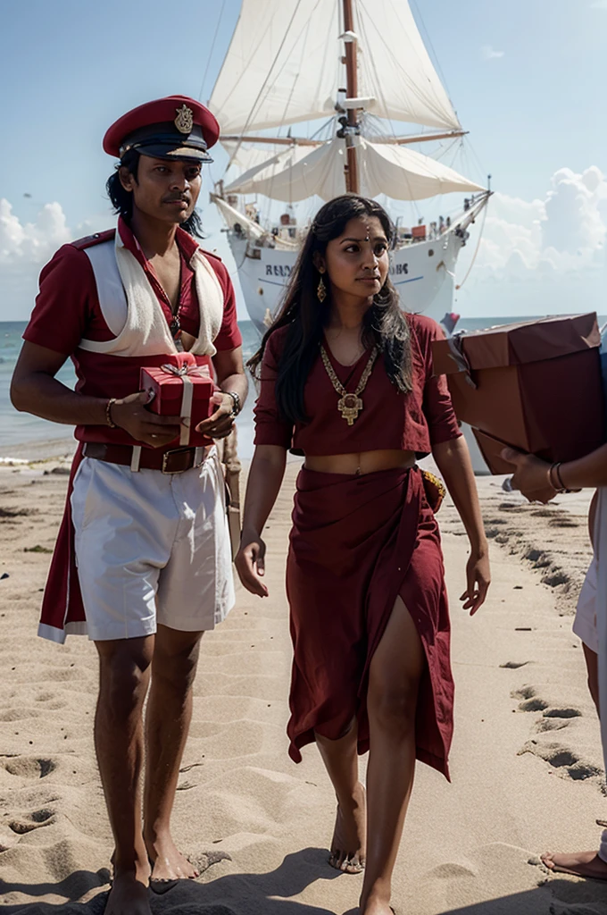 ship captain delivering gifts to two Indians on a beach (situation that occurred in 1500), imagens realistas 