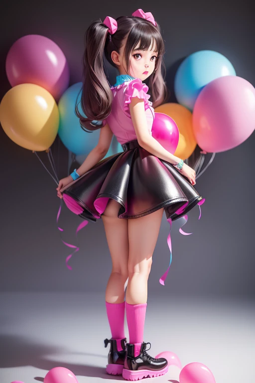 a girl, ((having a lot of balloons)) , real photo, (((full body))), (looking back at me), twin tails, pink leather dress,