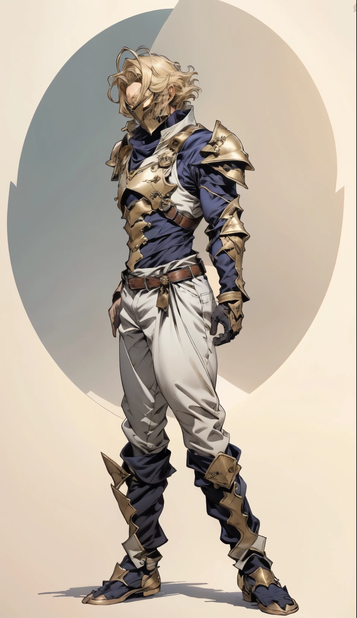 A man with short golden hair slicked back, his face entirely obscured by a Dynastinae concept mask, full mask, cold gaze, clad in an indigo blue fantasy-style Dynastinae concept chest plate, his arms and legs are clad in matching armor, he wears a white undershirt and trousers with golden stripes, standing within a magnificent fantasy-style palace, this character embodies a finely crafted fantasy-style masked light armor warrior in anime style, exquisite and mature manga art style, high definition, best quality, highres, ultra-detailed, ultra-fine painting, extremely delicate, professional, perfect body proportions, golden ratio, anatomically correct, symmetrical face, extremely detailed eyes and face, high quality eyes, creativity, RAW photo, UHD, 32k, Natural light, cinematic lighting, masterpiece-anatomy-perfect, masterpiece:1.5