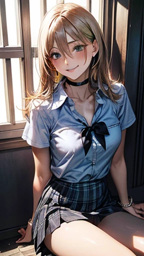 (masterpiece:1.2, highest quality), (realistic, photorealistic:1.4), beautiful illustrations, (natural side lighting, movie lighting), 
looking at the viewer, full body, 1 girl, Japanese, high School girl, perfect face, Cute symmetrical face, sunburn, shiny skin, 
(long hair:1.5, straight hair:1.4, blonde), hair between eyes, emerald green eyes, long eyelash, (big breasts:0.6), 
beautiful hair, beautiful face, detailed and beautiful eyes, beautiful clavicle, beautiful body, beautiful breasts, beautiful thighs, beautiful feet, beautiful fingers, 
((collared short sleeve shirt, light blue shirt, , Grey plaid pleated skirt, black tie), black choker, wrist chakra), light blue panties, 
(beautiful scenery), School, (lift the skirt, Are standing, spread legs), (enchanting smile, in the heat), 