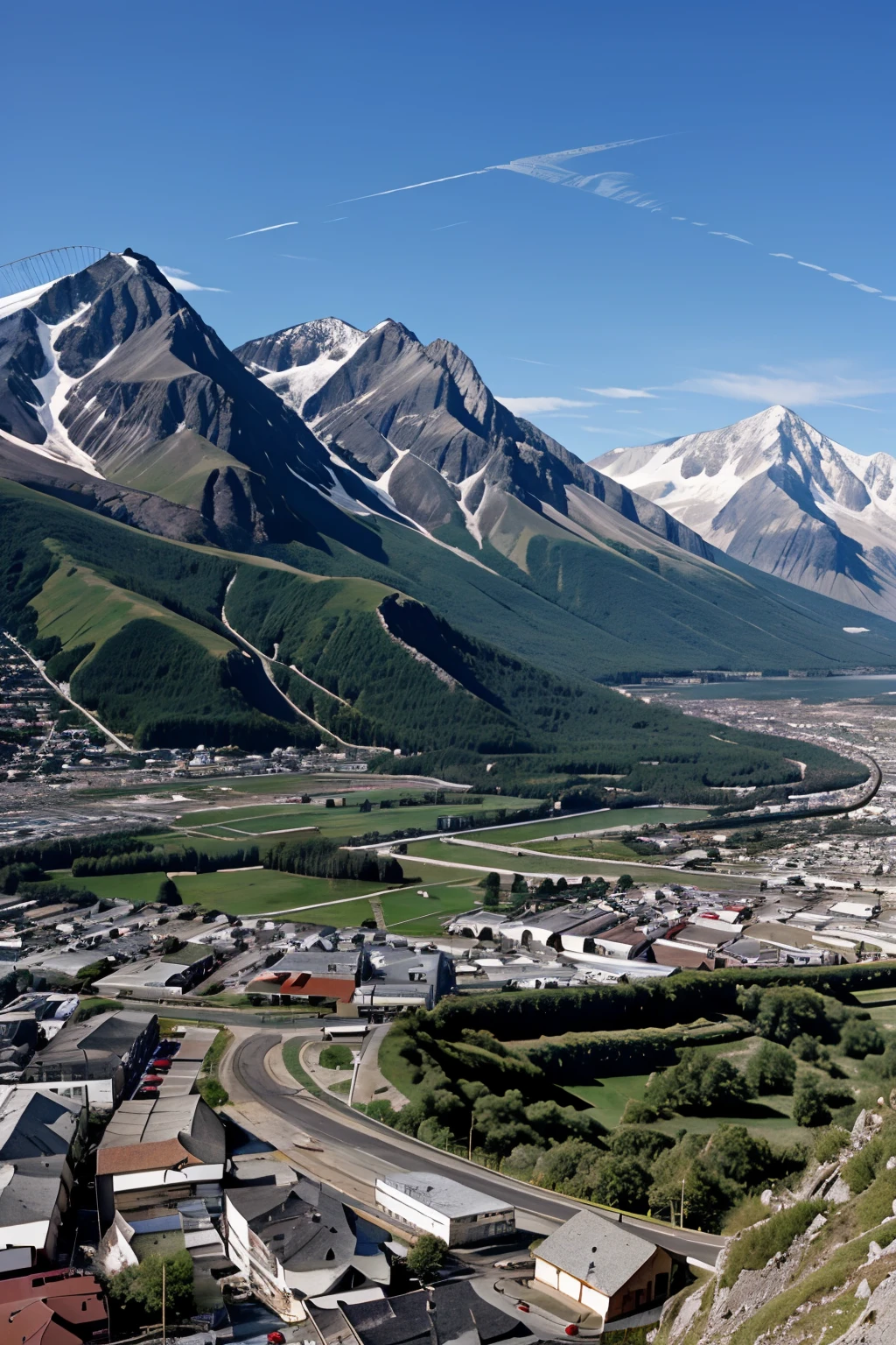 Mountain ranges with cable car to a city 
