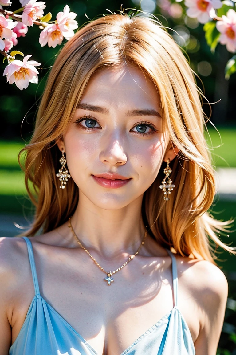 Save this image、Pale face and eyes:1.3、薄くてPale face and eyes:1.3, blue eyes:1.3、{highest quality}, {{masterpiece}}, {very delicate and beautiful}, outstanding light and shadow, highly detailed wallpaper, clear and bright sunlight, whole body, whole body、 1 girl, , blush、Shaggy blonde long hair, strong sunlight, Girly Style Fashion:1.3, delicate hair,realistic skin texture, visible wrinkles on the skin., broad shoulders,window, ((a strong light shines on your face)), color々take a pose:1.5, necklace、ring、earrings、smile:1,5、smile:1.5、Sakura blooming park background:1.5