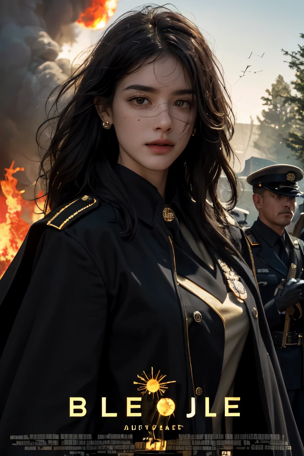 realistic, masterpiece, best quality, close-up, lips , upper body , no makeup, mature female, cowboy shot, black hair, military uniform, black military jacket , black cape , , badge, military jacket , , valor , golden badge , military badge, depth of field, long hair, mole under eye, , earrings, gloves, crowded place , crowd, sun setting , branch, dead tree, fireflies, sparkle, fire_sparkle , fire , scar_on_eye , military badge , medals , blood , bleeding , on fire forest , burning trees , military valor , burning background , crowded place , , big fire , german military , battlefield , nuke explossion , movie poster , magazine poster , big text YORU