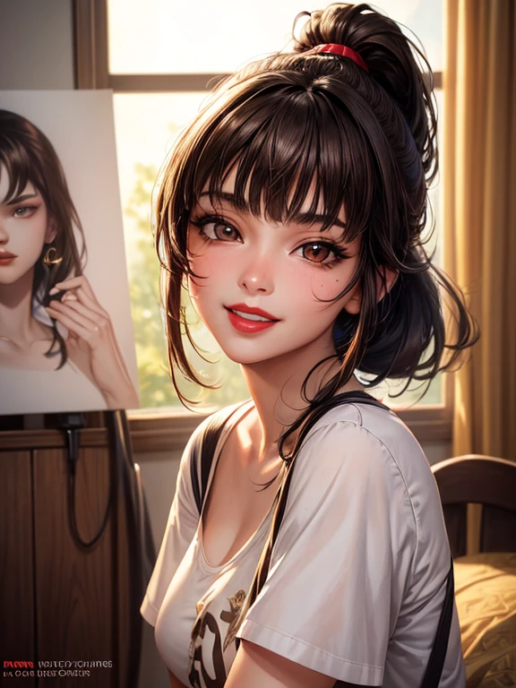 (art), (Best quality), ((1 girl, 18 years old)), (Cinematic light), (high resolution), (((brown_eyes:1.2))), intricate eyes, beautiful detailed eyes, symmetrical eyes, ( realistic), (visible features), (beautiful face), (detailed), (Anatomically Correct), (highly detailed face and skin texture), (realistic), (Thin eyebrows), (eyeliner), (Natural cheeks), ( blonde skin), (bright lips), red lips), (wide smile), sunlight, shine, (black hair), medium hair, bangs on face, ponytail, medium hair, T shirt, short shorts, (looking for the viewer), (photorealistic: 1.37), (extremely detailed 8k CG unit), Post-processing, Beautiful room, full of stuffed animals.