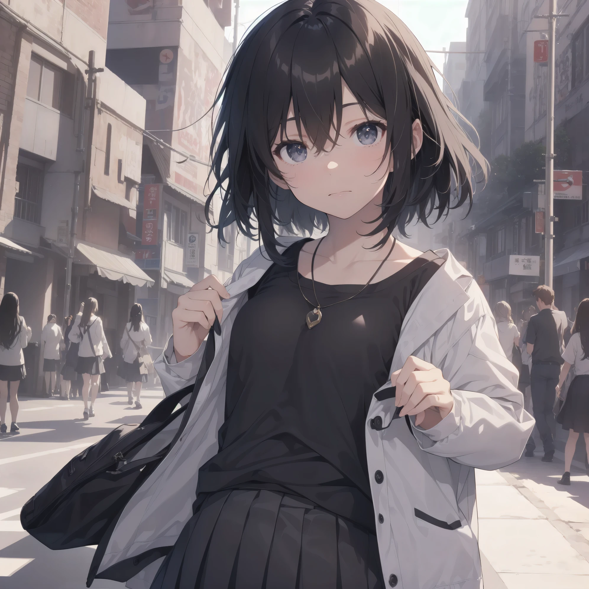 Anime girl in a black dress and white jacket walking down a street ...