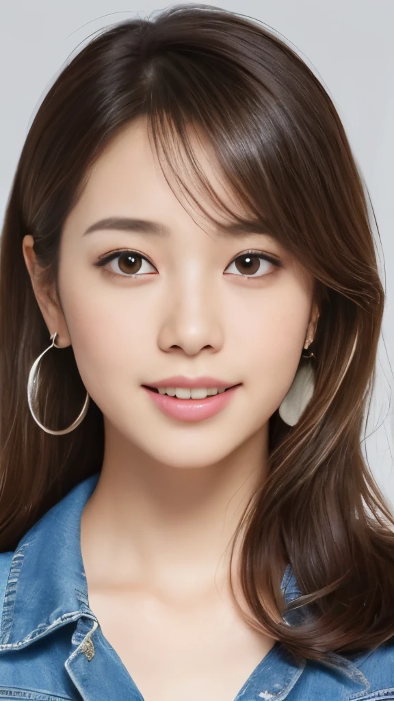 (highest quality、16K high resolution、Super detailed、masterpiece、Live shooting、realistic:1.5、hyper realism:1.5、sharp focus、very delicate and beautiful、small details, bust shot), 35-year-old Japanese woman, 160cm tall, 50kg, bust 84cm, waist 59cm, hips 86cm, heart-shaped face with a pointed chin, shoulder-length layered brown hair styled with soft waves, groomed eyebrows, large expressive brown eyes, a straight nose, full smiling lips, wearing a yellow floral blouse, blue jeans, silver hoop earrings, a few faint freckles adding youthfulness, an overall warm and approachable demeanor, {{{{resembling actress Aya Omasa}}}}