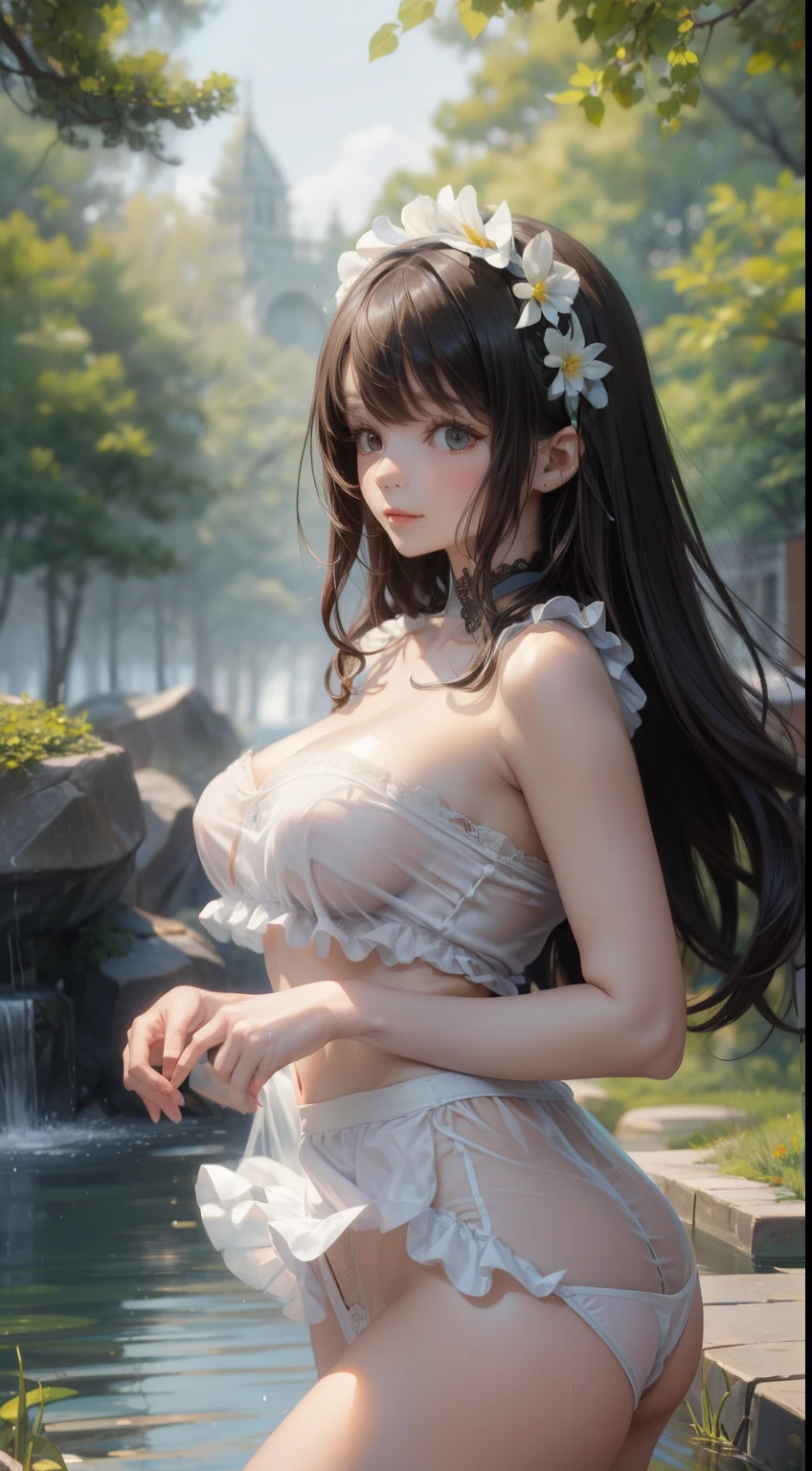 (((masterpiece))), (((portrait))), Kujou Sara, diffused light, dynamic shadow, sharp focus, realistic, get used to it, High resolution, confused, white background, No bra, photorealistic, lively, Wet, mascara, blush, young woman, (((~ ~ ~ side))), (((nudist))), black hair、long hair、bangs、the cutest in the world、Two-dimensional beautiful girl、facing forward、Viewers are watching、sexy look、perfect proportions、perfect beauty、big breasts、very cute and beautiful girl,Ruffled white summer dress with fine lace,(skirt lift,lace white panties),
(very detailed美しい顔と目),cowboy shot,(smile),black hair,flower crown,
(Stand near a water source in the forest),fog,fantastic stone monument,detailed landscape,
(highest quality,masterpiece:1.0),disorganized,High resolution,Super detailed,very detailed,32k,8K resolution,
intricate details,movie scene,detailed background,alone,dynamic angle,
cinematic lighting,dim light,hair blowing in the wind,