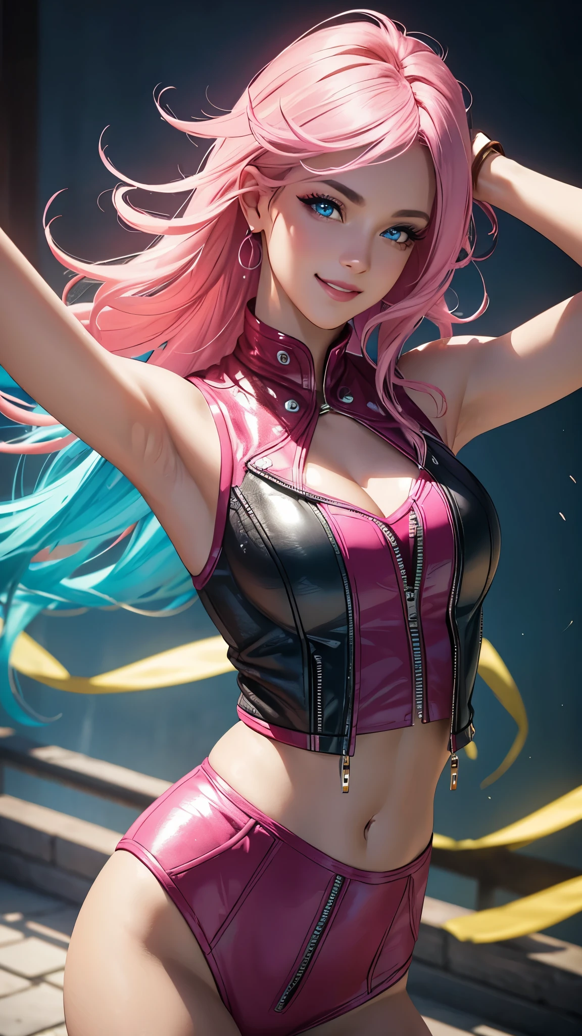 Multiple characters from the harem were drawn with smiles、girl with　Masterpiece illustrations with the highest quality and ultra-high resolution。leather jackets　a beauty girl　Pink hair　Green hair　Colossal tits