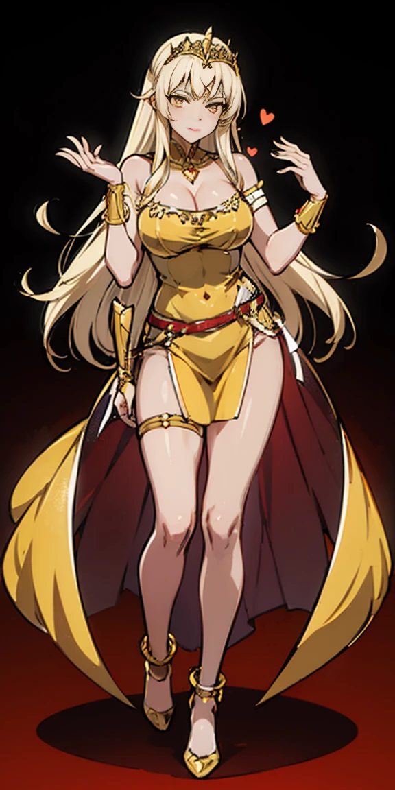 fullbody, yellow eyes, tiara, golden bracers, heart shape necklace