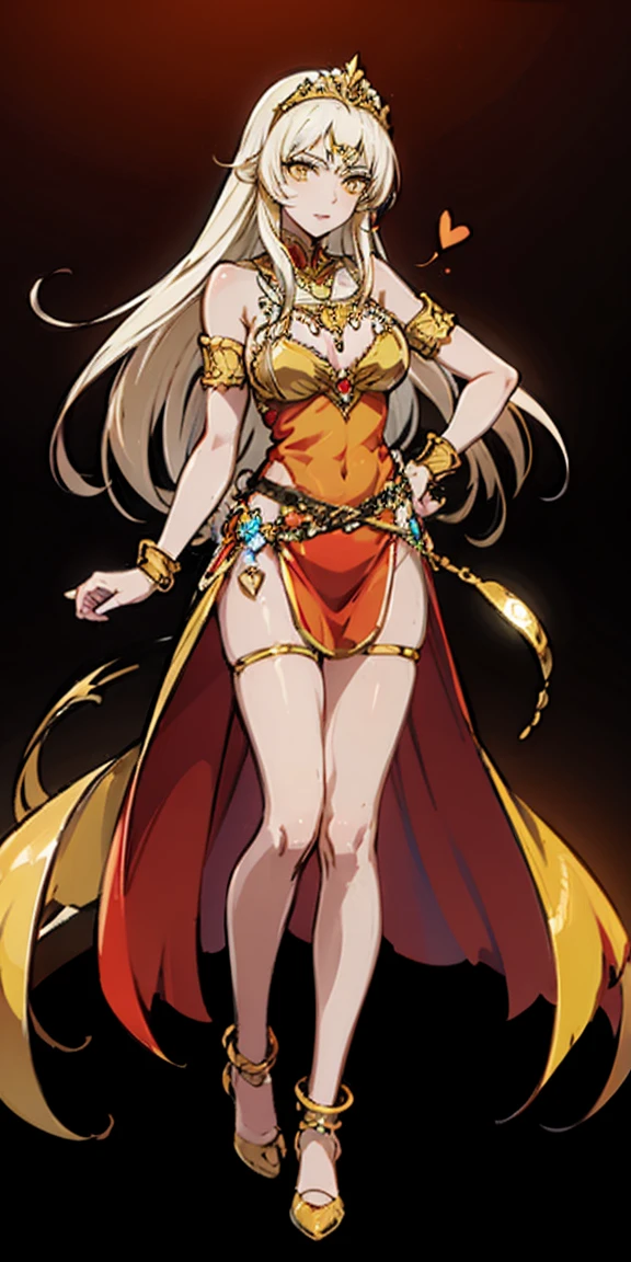 fullbody, yellow eyes, tiara, golden bracers, heart shape necklace