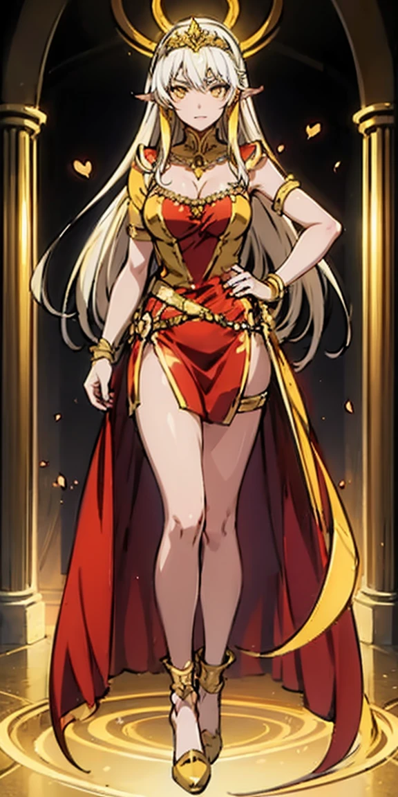 fullbody, yellow eyes, tiara, golden bracers, heart shape necklace