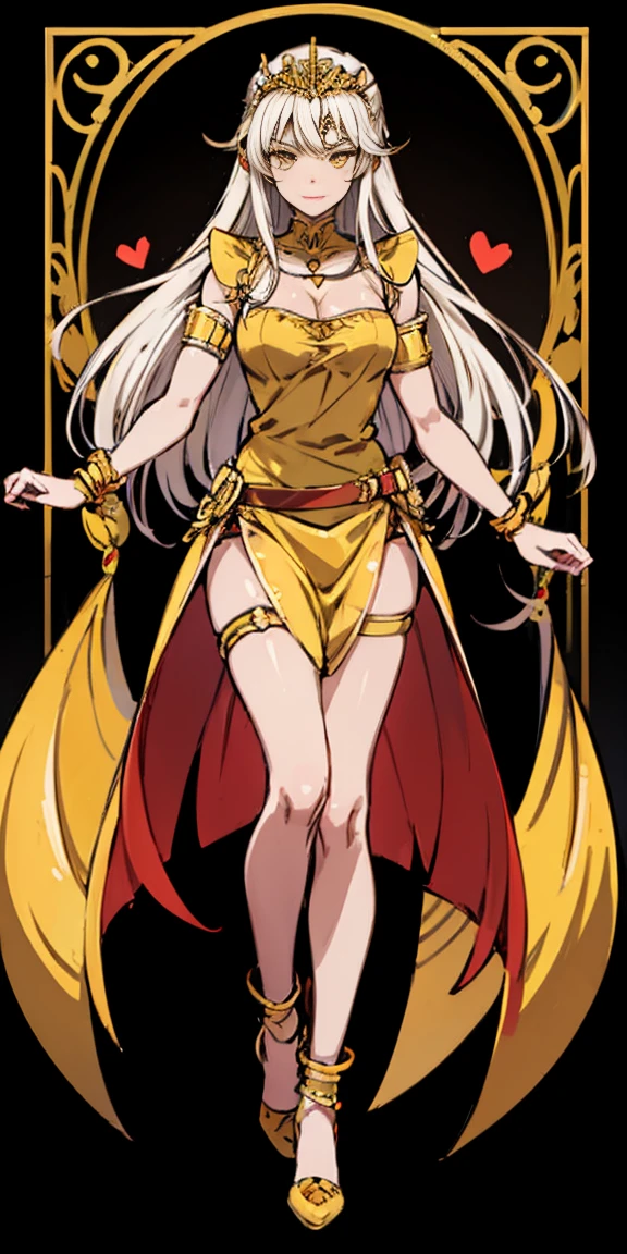 fullbody, yellow eyes, tiara, golden bracers, heart shape necklace