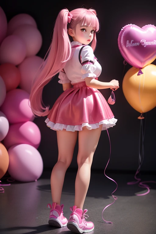 a ************ girl, ((having a lot of balloons)) , real photo, (((full body))), (looking back at me), twin tails, pink leather dress, 