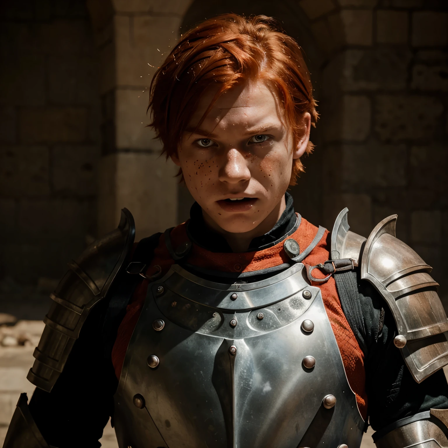 Cute red-haired boy with orange eyes, freckles on his cheeks, various dragon scales and an angry expression and wearing armor. 