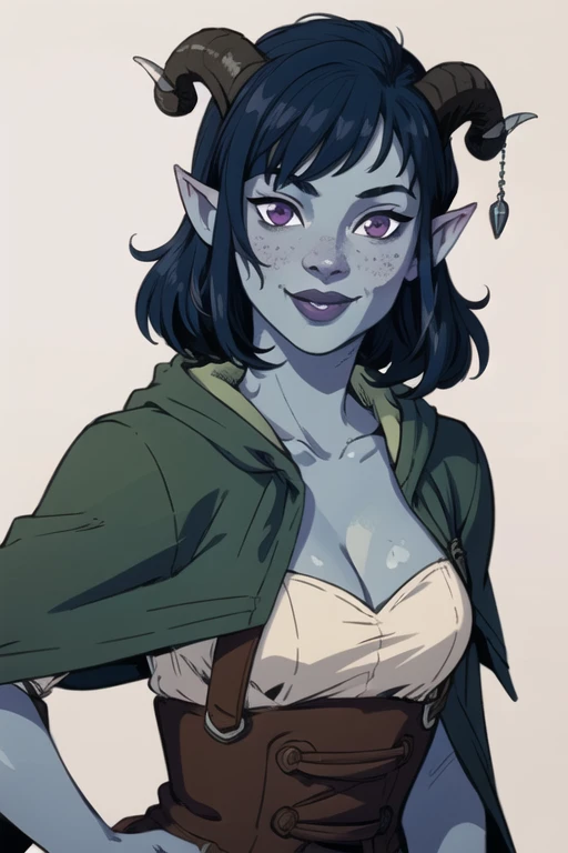 masterpiece, best quality, 1girl, jesterlavorre, blue hair,  purple eyes, blue skin, freckles, colored skin, horns, pointy ears,, tiefling, smile, looking at viewer, solo , cleavage 