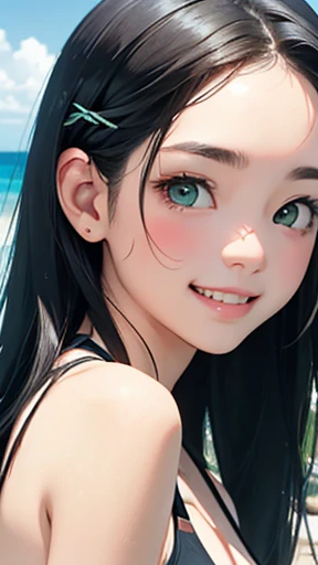 highest quality、realistic、Japanese、girl、zoom、look up、cute、green eyes、long hair、black hair、all back、Forehead is coming out、Ocean、light blue swimsuit、joy、Grinning、face close up、buckshot、Looking back