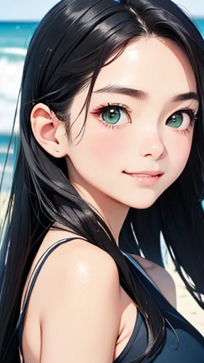 highest quality、realistic、Japanese、girl、zoom、look up、cute、green eyes、long hair、black hair、all back、Forehead is coming out、Ocean、light blue swimsuit、joy、Grinning、face close up、buckshot、Looking back