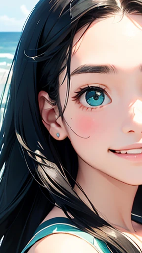 highest quality、realistic、Japanese、girl、zoom、look up、cute、green eyes、long hair、black hair、all back、Forehead is coming out、Ocean、light blue swimsuit、joy、Grinning、face close up、buckshot、Looking back