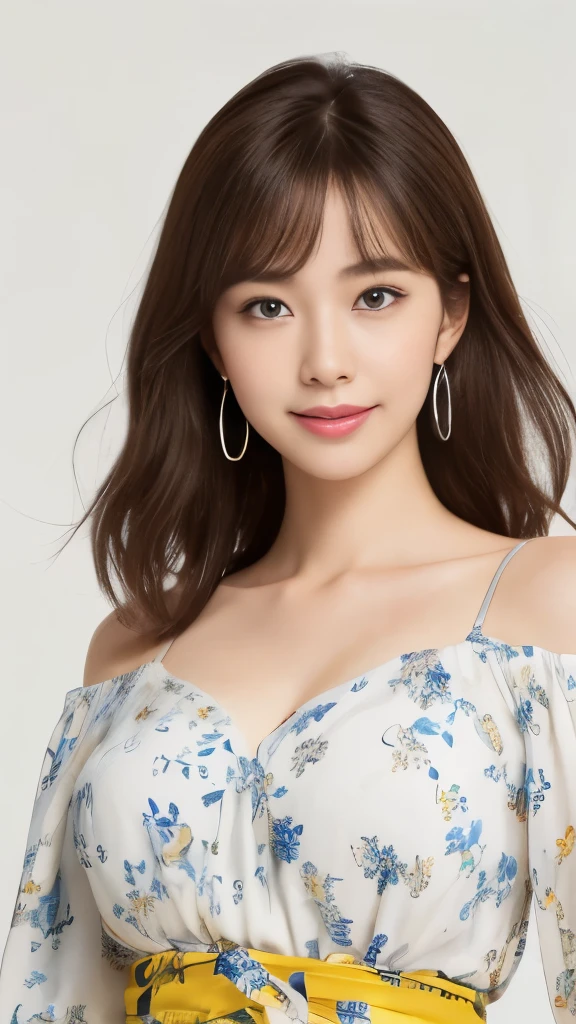 (highest quality、16K high resolution、Super detailed、masterpiece、Live shooting、realistic:1.5、hyper realism:1.5、sharp focus、very delicate and beautiful、small details, bust shot), 35-year-old Japanese woman, 160cm tall, 50kg, bust 84cm, waist 59cm, hips 86cm, heart-shaped face with a pointed chin, shoulder-length layered brown hair styled with soft waves, groomed eyebrows, large expressive brown eyes, a straight nose, full smiling lips, wearing a yellow floral blouse, blue jeans, silver hoop earrings, a few faint freckles adding youthfulness, an overall warm and approachable demeanor, {{{{resembling actress Aya Omasa}}}}