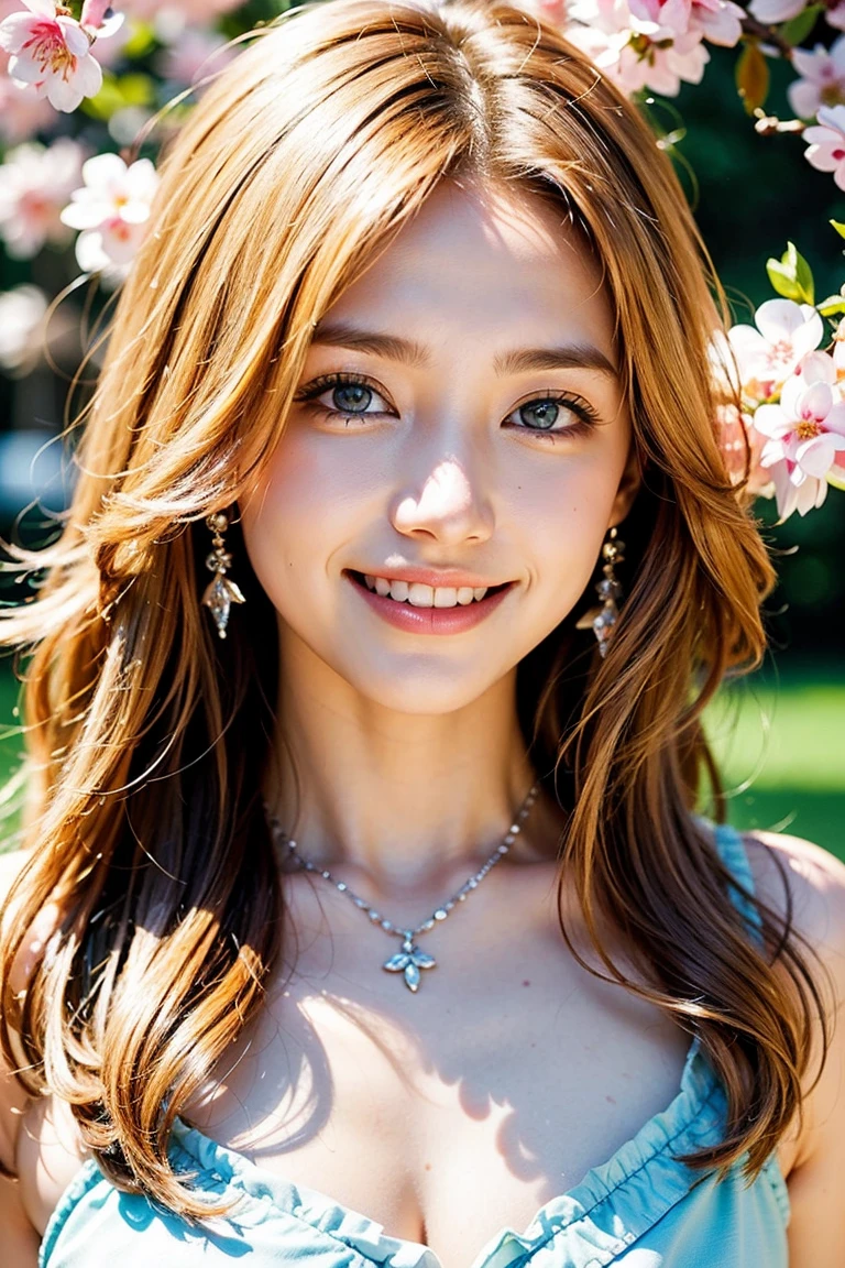 Save this image、smile showing teeth:1.5、Pale face and eyes:1.3、薄くてPale face and eyes:1.3, beautiful blue eyes:1.3、{highest quality}, {{masterpiece}}, {very delicate and beautiful}, outstanding light and shadow, highly detailed wallpaper, clear and bright sunlight, whole body, whole body、 1 girl, , blush、Shaggy blonde long hair, strong sunlight, Girly Style Fashion:1.3, delicate hair,realistic skin texture, visible wrinkles on the skin., broad shoulders,window, ((a strong light shines on your face)), color々take a pose:1.5, necklace、ring、earrings、smile:1,5、smile:1.5、Background of a park with cherry blossoms in full bloom:1.5