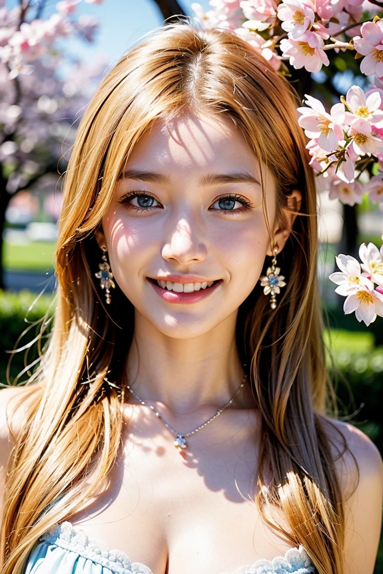 Save this image、smile showing teeth:1.5、Pale face and eyes:1.3、薄くてPale face and eyes:1.3, beautiful blue eyes:1.3、{highest quality}, {{masterpiece}}, {very delicate and beautiful}, outstanding light and shadow, highly detailed wallpaper, clear and bright sunlight, whole body, whole body、 1 girl, , blush、Shaggy blonde long hair, strong sunlight, Girly Style Fashion:1.3, delicate hair,realistic skin texture, visible wrinkles on the skin., broad shoulders,window, ((a strong light shines on your face)), color々take a pose:1.5, necklace、ring、earrings、smile:1,5、smile:1.5、Background of a park with cherry blossoms in full bloom:1.5